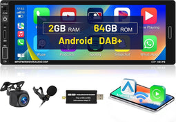 Hikity - Android 13 - 1 DIN Autoradio - DAB+ en Draadloze CarPlay - 6,9-inch Touchscreen