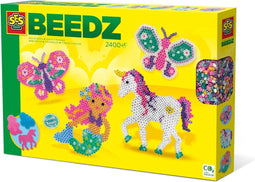 SES Beedz - Strijkkralen met legborden - grondplaten, 2400 strijkkralen en strijkvel - fantasiewereld - unicorn, zeemeermin en vlinder - PVC vrij