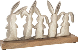 J-Line decoratie Konijnen Op Een Rij - hout/ijzer - naturel/zilver - paasdecoratie
