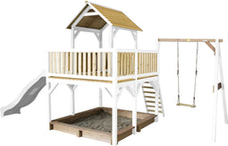 AXI Atka Speeltoestel in Bruin/wit - Speeltoren met Enkele Schommel, Witte Glijbaan en Zandbak - FSC hout - Speelhuis op palen voor de tuin