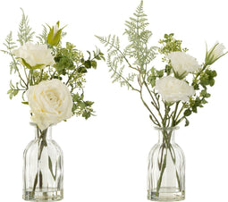 J-Line boeket Rozen/Eustoma in vaas + kunstwater - kunststof - groen/wit - large - 2 stuks