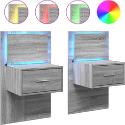 vidaXL - Nachtkastjes - met - LED's - 2 - st - wandgemonteerd - grijs - sonoma - eiken