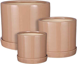 Mica Decorations Milan Pot Met Schotel - H26 x Ø31,5 cm - Set van 3 - Keramiek - Taupe