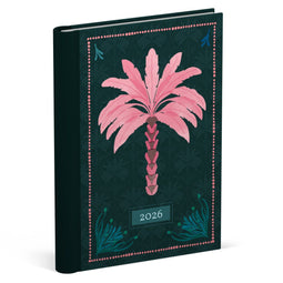 Lannoo Agenda (2026) - Agenda wire-o - 120x160mm - Exotic Palms - Roze palm op donker groen