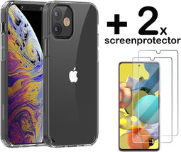 Hoes Geschikt voor iPhone 12 Pro Hoesje - Backcover Hybride Transparant Siliconen TPU Hoesje + 2 x Screenprotector - Luxe Telefoonhoesje Wallet Case Pasjeshouder PU Leder