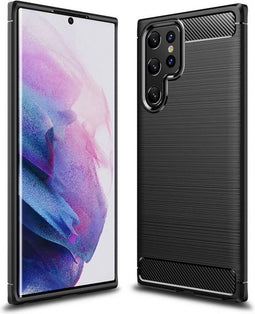 Hoes Geschikt voor Samsung S22 Ultra Hoesje Backcover Carbon Style Siliconen Case TPU Hoesje Zwart - Luxe Telefoonhoesje Wallet Case Pasjeshouder PU Leder