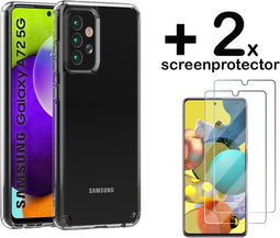 Hoesje Geschikt voor Samsung A72 Backcover Hybride Transparant Siliconen Case TPU Hoesje + 2 x Screenprotector - Luxe Telefoonhoesje Wallet Case Pasjeshouder PU Leder
