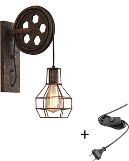 Hoexs - Industriële Wandlamp - Incl. Stekker en Schakelaar - Vintage Katrol Lamp - Wandverlichting