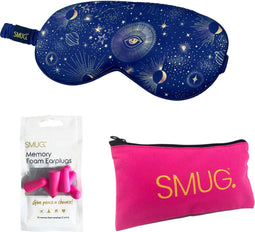 SMUG Slaapmasker met Roze Oordopjes en Opbergzakje - 100% Verduisterend - Verstelbaar Oogmasker in Satijn - Blue Celestial