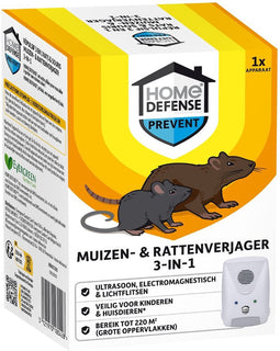 HOME DEFENSE® Ratten- en Muizenverjager - Elektromagnetisch / Ultrasone / Lichtflits - 220m2 bereik - Diervriendelijk - Muizenverjager ultrasone binnen