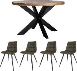 Home67 Set - Eettafel Bob ø130 cm + 4 x Eetkamerstoel Galgary - Army Green