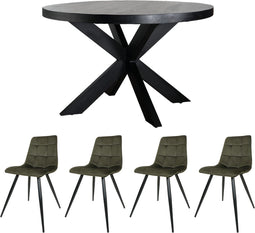 Home67 Set - Eettafel Bob Zwart Mangohout ø130 cm + 4 x Eetkamerstoel Galgary - Velvet Army Green