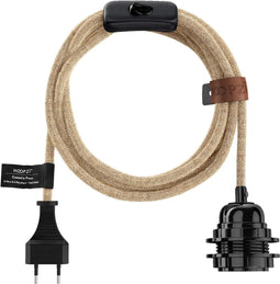 Hoopzi - Stoffen Elektrische Kabel van 4,5M met Lampfitting, Stekker en Schakelaar - Natuur - 1 Fitting Zwart - Creëer Jouw Eigen Hanglamp, Staande Lamp, Hangende Lamp met Bala Koord