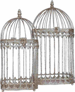 House of Seasons Decoratieve Object Vogelhuis - 20x20x44 cm - Ijzer - Champagne- Set van 2
