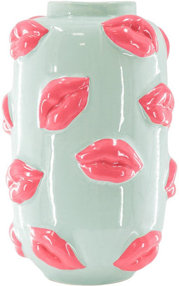Housevitamin Vaas - Bloemenvaas Lippen - Keramiek - Mintgroen/Fluor Roze - 17x17x27cm - Design - Eyecatcher