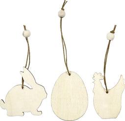 Houten decoraties, konijn, ei, kip, afm 6 cm, dikte 3 mm, 9stuks