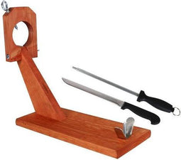 Houten Hamstandaard met mes en messenslijper Quttin