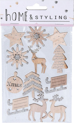 Houten Kerst Stickers met Glitters, 12st.