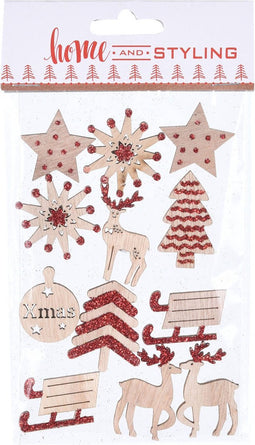 Houten Kerststickers met Glitters, 12st.