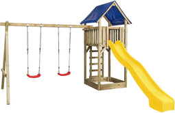 Houten Speeltoestel Jonas (SwingKing) | Speeltoren met Glijbaan, Dubbele Schommel en Zandbak | Voor Buiten in de Tuin | FSC Hout - Glijbaan Geel