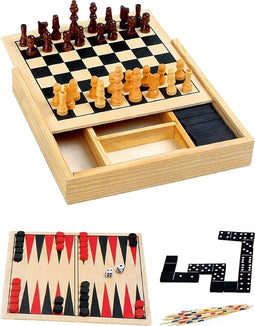Houten Spellendoos 4 in 1 met schaken - backgammon - domino - mikado - 17x17cm - reiseditie