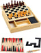 Houten Spellendoos 4 in 1 met schaken - backgammon - domino - mikado - 17x17cm - reiseditie