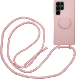 Høyde - Geschikt voor Samsung Galaxy S22 Ultra - Telefoonhoes met koord + Socket houder - Roze
