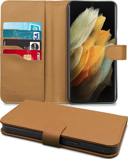 Høyde - Vegan lederen bookcase hoes - 100% Biologisch Afbreekbaar - Geschikt voor Samsung Galaxy S21 Ultra - Cognac