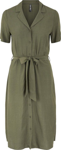 Pieces PCOLIVIA SS DRESS NOOS - Dames Jurk - Knoopjes en Riem - Groen