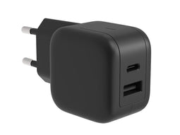 HQ-Power Universele GaN snellader, 1x USB-A QC en 1x USB-C PD, voor iOS/Android smartphones en tablets, 5x sneller, compact en ideaal voor onderweg, 30W, zwart