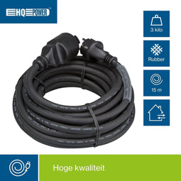 HQ-Power Verlengkabel, met krimpkous, H05RR-F 3G2.5, 15 m, 16 A/230 V, 3680 W, type E/F, IP44, rubber, zwart