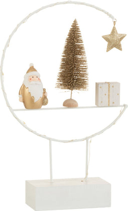 J-Line decoratie Semicirkel Op Voet + Kerstman - hout - wit/goud - LED lichtjes