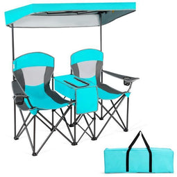 Luxe 2-Persoons Campingstoel - Verstelbare Luifel Koelvak - Blauw