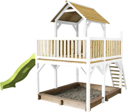 AXI Atka Speeltoestel in Bruin/Wit - Speeltoren met Limoen Groene Glijbaan en Zandbak - FSC hout - Speelhuis op palen voor de tuin