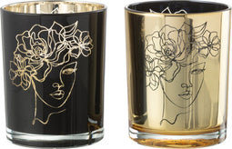 J-Line windlicht dame haar bloemen - glas - zwart/goud - medium - 2 stuks