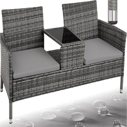 tectake® Wicker Tuinbank - 2-zits - Geïntegreerde tafel - Grijs