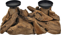 HSM Collection-Kaarsenhouder 2 Kaarsen-32x18x14-Naturel/Zwart-Teak/Metaal