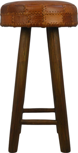 HSM Collection-Ronde Barstoel Patchwork-40x40x75-Cognac/Bruin-Leder/Teak