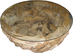 HSM Collection-Ronde Salontafel Root-ø80x45 (glas ø90)-Bruin-Teak/Glas