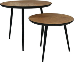 HSM Collection Salontafel Visgraat Ø60/Ø45 Naturel/Zwart Eiken/Metaal Set van 2