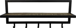 HSM Collection-Wandkapstok 5 Haken Met Plank-66x17x28-Naturel/Zwart-Acacia/Metaal