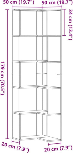 vidaXL - Boekenkast - 5-laags - hoek - 50x50x179 - cm - bewerkt - hout - bruin - eiken
