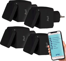 Gologi Slimme stekker buiten - Smart plug - IP44 - Tijdschakelaar & Energiemeter - WIFI - Google Home & Amazon Alexa - Zwart (4 stuks)