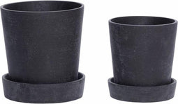 Hübsch 900306 Bloempot met Schotel - Set van 2 - ø14xH16cm en ø17xH19cm - Polystone - Zwart