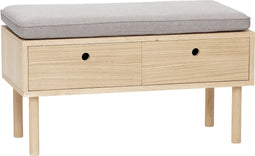HÜBSCH INTERIOR - HIDE FSC® eiken bankje met twee lades, lichtgrijs kussen - 85x40xh48 cm