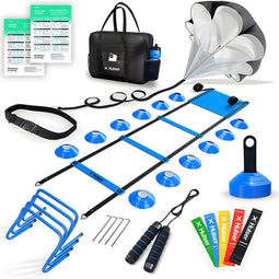 Hulser Sport Trainingsmateriaal - 26-delig - Blauw - Voetbal spullen - Loopladder 6 meter - Weerstand parachute - Pionnen set - Trainingshoedjes - Horden - Springtouw - Weerstandsbanden - Training materiaal - Agility speed ladder - Running artikelen