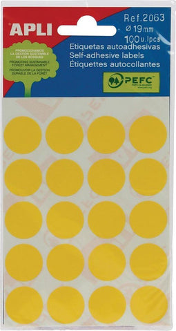 Apli ronde etiketten in etui diameter 19 mm, geel, 100 stuks, 20 per blad (2063)