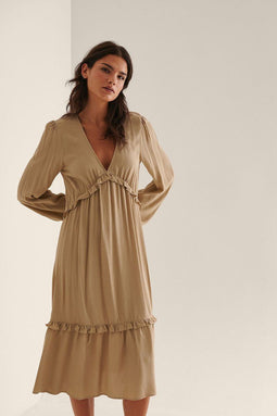 na-kd Maat 40 - Maxi-jurk - Ballonmouwen en ruches - Donker beige