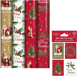 Benza KE127 - Kerst cadeaupapier - 4 rollen 4 mtr x 70 cm - 20 cadeaukaartjes (set van 4)