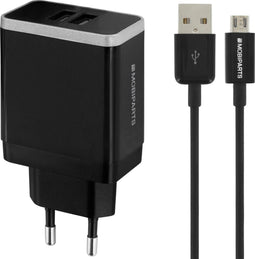 Mobiparts USB-A thuislader met 2 poorten en losse USB Micro B kabel - Smart IC - 4,8A / zwart - 1 meter